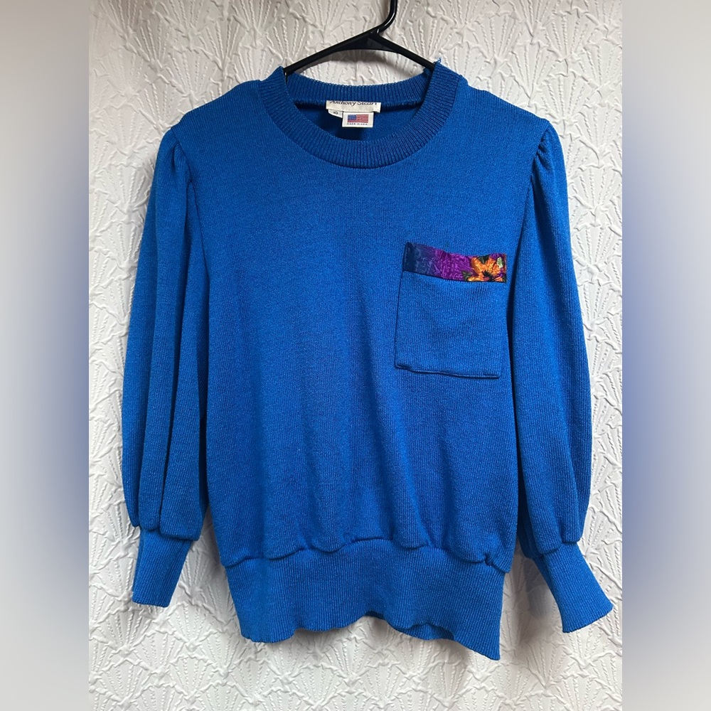 Vintage Blue Anthony Sicari Size 10 Sweater with Floral Pocket